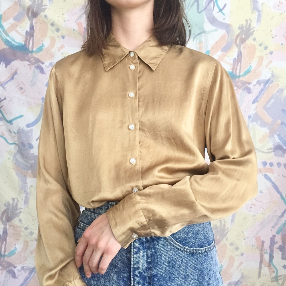 Gold silk long sleeve button up blouse